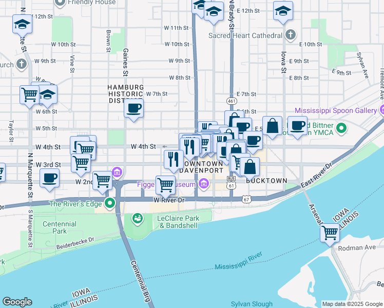 map of restaurants, bars, coffee shops, grocery stores, and more near 318 North Harrison Street in Davenport