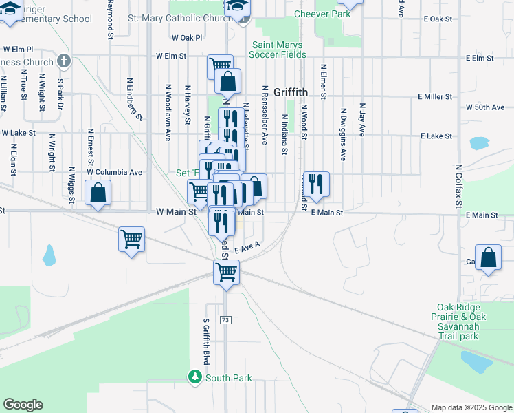 map of restaurants, bars, coffee shops, grocery stores, and more near 206 East Main Street in Griffith