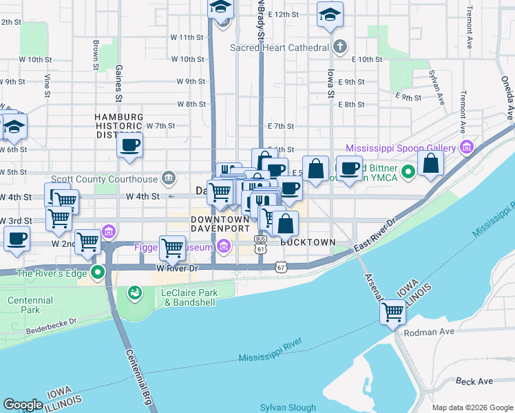 map of restaurants, bars, coffee shops, grocery stores, and more near 318 Brady Street in Davenport