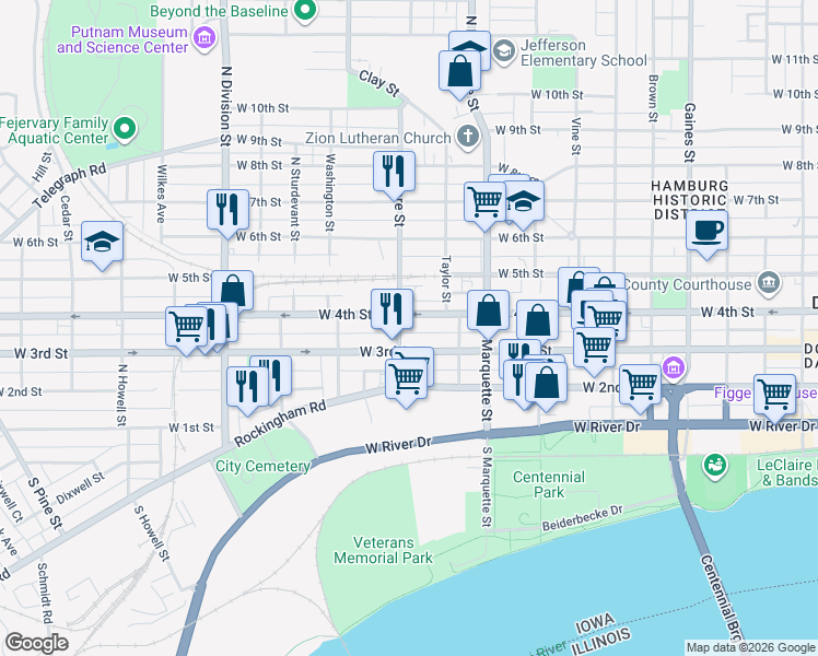map of restaurants, bars, coffee shops, grocery stores, and more near 321 Fillmore Street in Davenport