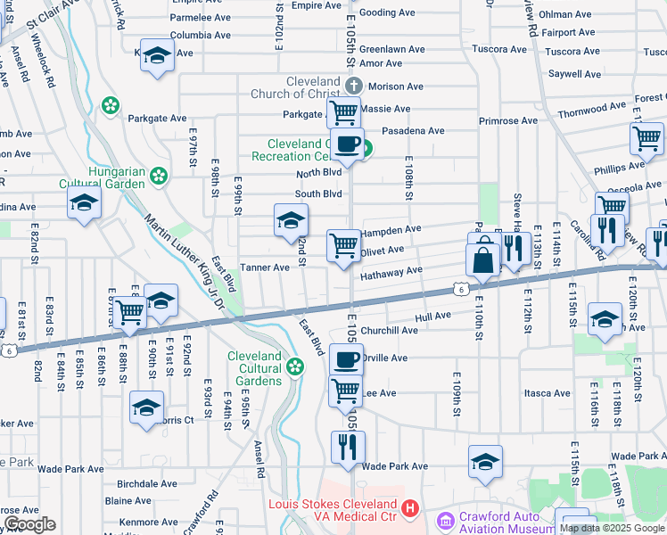 map of restaurants, bars, coffee shops, grocery stores, and more near 1241 East 103rd Street in Cleveland