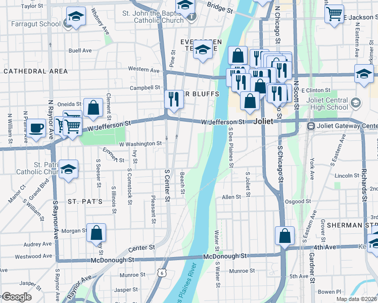 map of restaurants, bars, coffee shops, grocery stores, and more near 2 North Broadway Street in Joliet