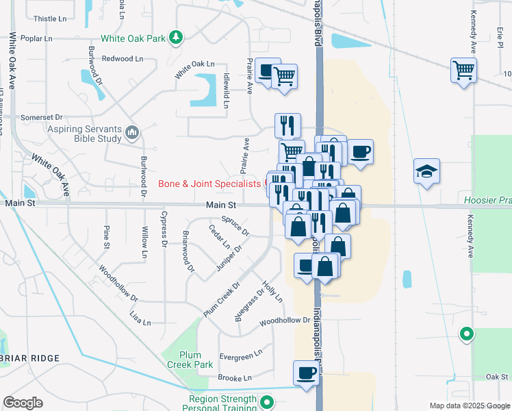 map of restaurants, bars, coffee shops, grocery stores, and more near 2215 Main Street in Highland