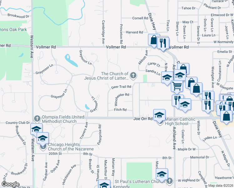 map of restaurants, bars, coffee shops, grocery stores, and more near 511 Winchester Road in Chicago Heights