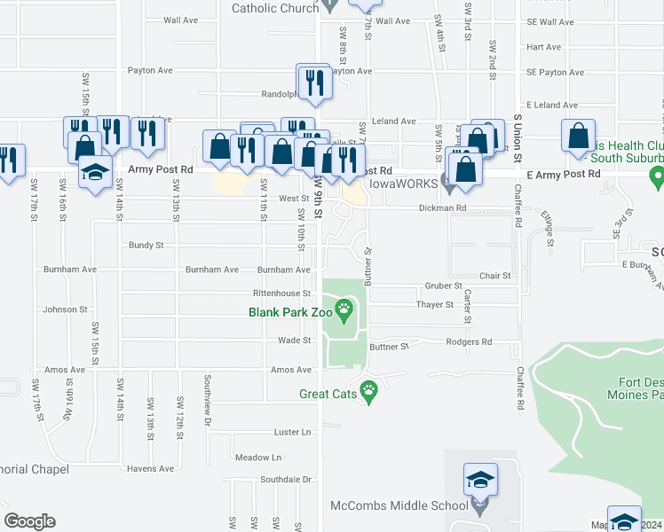 map of restaurants, bars, coffee shops, grocery stores, and more near 6701 Southwest 9th Street in Des Moines