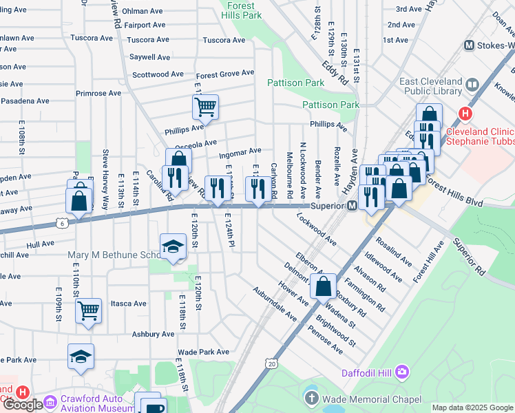 map of restaurants, bars, coffee shops, grocery stores, and more near 14036 Superior Avenue in East Cleveland