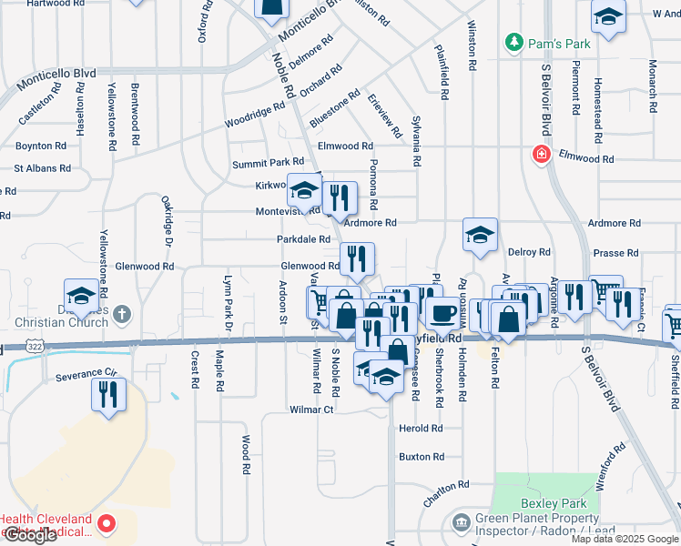 map of restaurants, bars, coffee shops, grocery stores, and more near 2920 Noble Road in Cleveland Heights