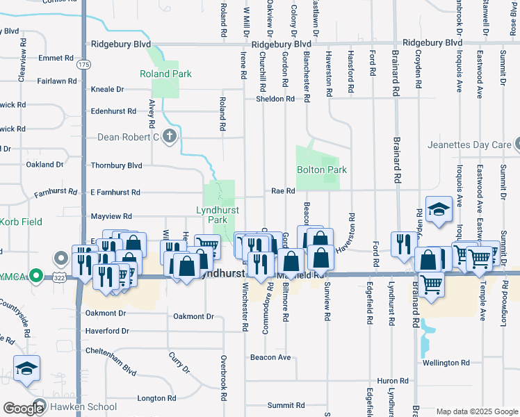 map of restaurants, bars, coffee shops, grocery stores, and more near 1356 Churchill Road in Lyndhurst