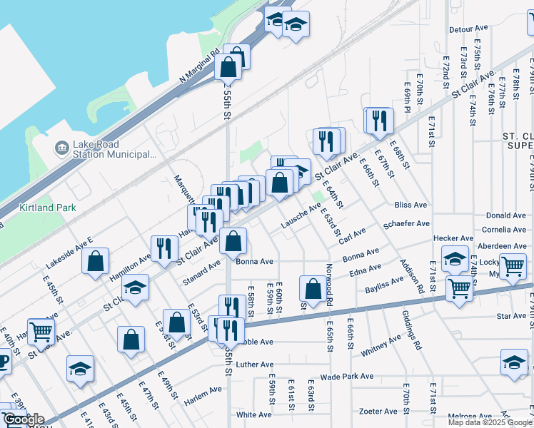 map of restaurants, bars, coffee shops, grocery stores, and more near 6016 Saint Clair Avenue in Cleveland