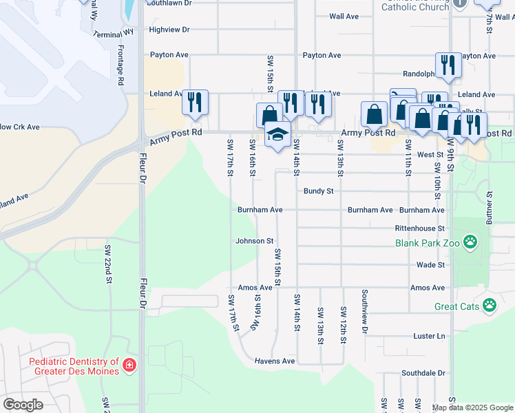 map of restaurants, bars, coffee shops, grocery stores, and more near 6709 Southwest 16th Street in Des Moines