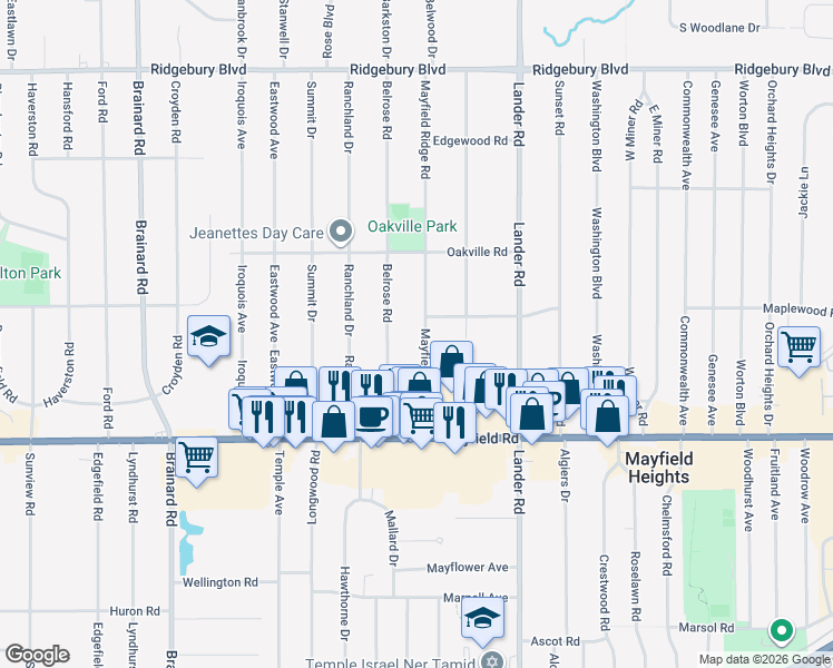 map of restaurants, bars, coffee shops, grocery stores, and more near 1377 Mayfield Ridge Road in Mayfield Heights