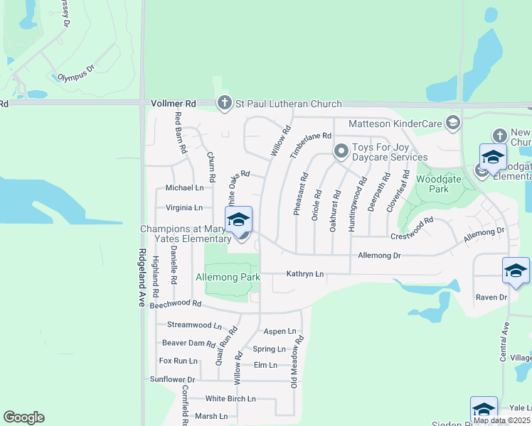map of restaurants, bars, coffee shops, grocery stores, and more near 145 Willow Road in Matteson