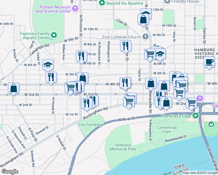 map of restaurants, bars, coffee shops, grocery stores, and more near 322 Washington Street in Davenport