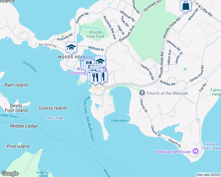 map of restaurants, bars, coffee shops, grocery stores, and more near 569A Woods Hole Road in Falmouth