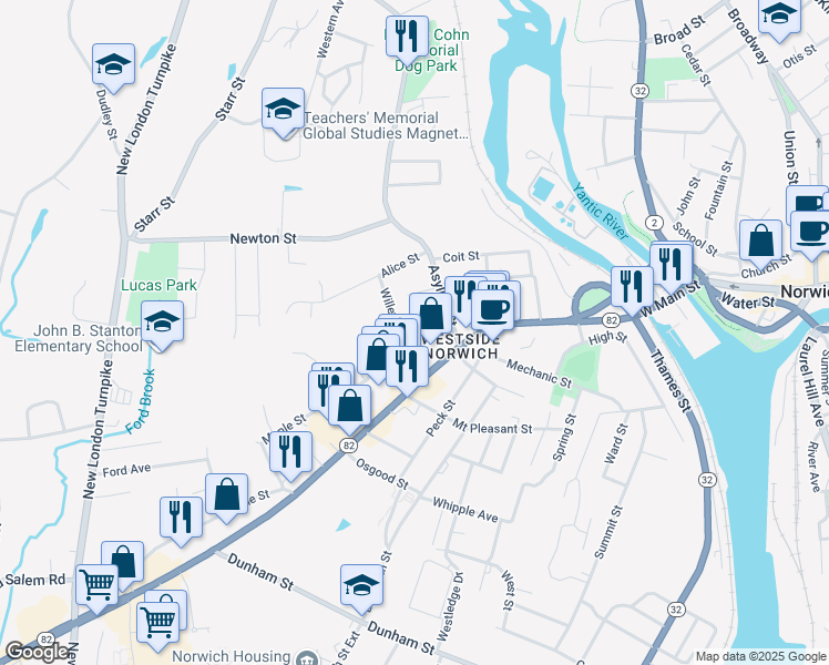 map of restaurants, bars, coffee shops, grocery stores, and more near 71 Maple Street in Norwich