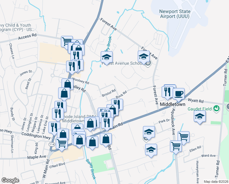 map of restaurants, bars, coffee shops, grocery stores, and more near 9 Bristol Road in Middletown