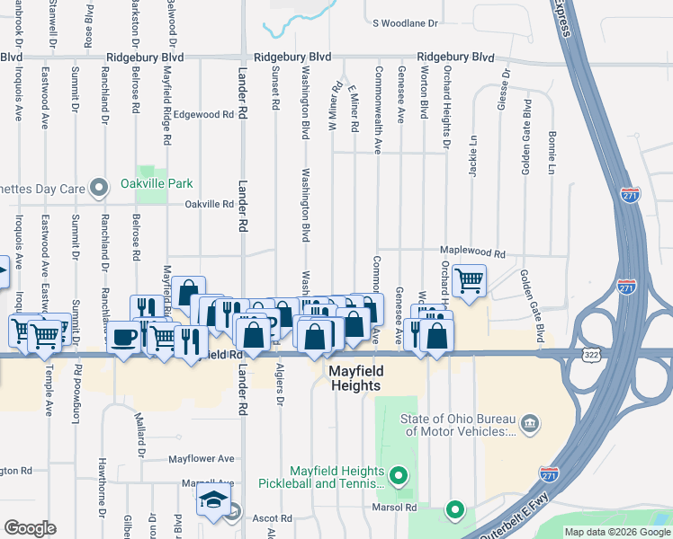 map of restaurants, bars, coffee shops, grocery stores, and more near 1375 West Miner Road in Mayfield Heights