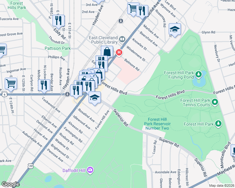 map of restaurants, bars, coffee shops, grocery stores, and more near 13611 Terrace Road in East Cleveland