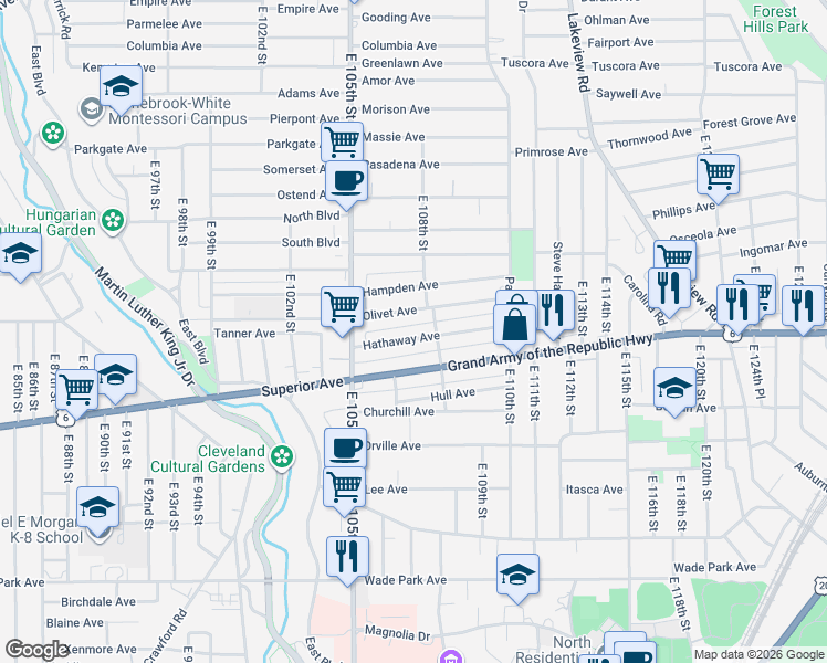 map of restaurants, bars, coffee shops, grocery stores, and more near 10625 Hathaway Avenue in Cleveland