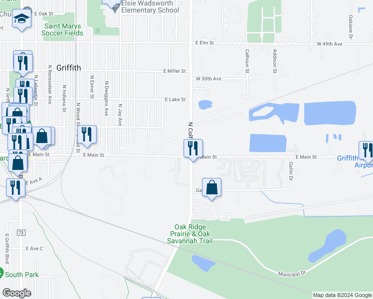 map of restaurants, bars, coffee shops, grocery stores, and more near 1116 East Main Street in Griffith