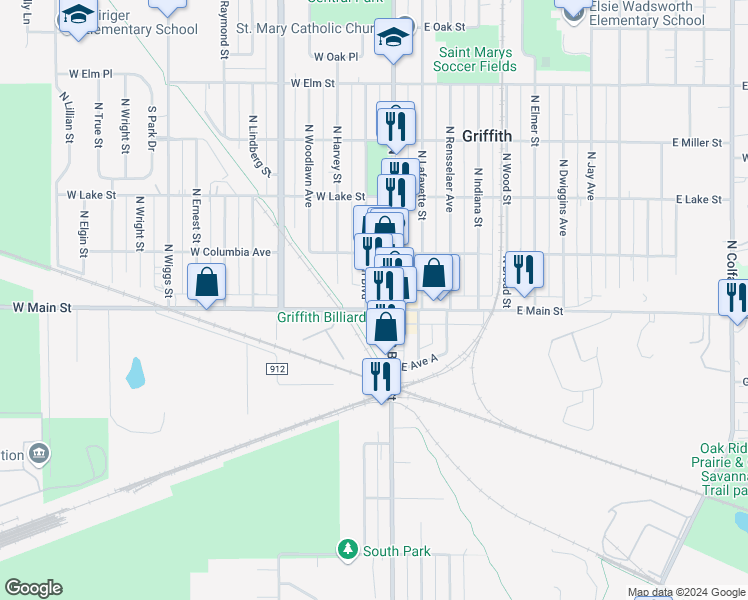 map of restaurants, bars, coffee shops, grocery stores, and more near 101 North Griffith Boulevard in Griffith