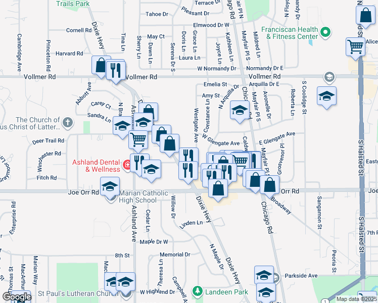 map of restaurants, bars, coffee shops, grocery stores, and more near 459 Dixie Highway in Chicago Heights