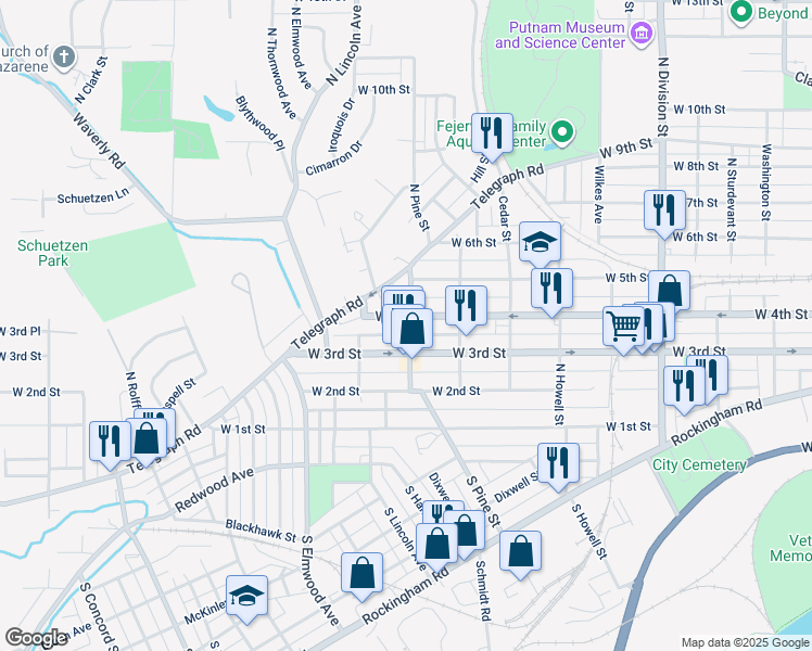 map of restaurants, bars, coffee shops, grocery stores, and more near 2215 West 4th Street in Davenport