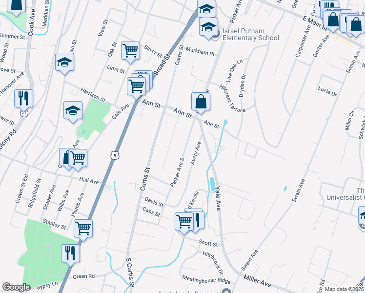 map of restaurants, bars, coffee shops, grocery stores, and more near 389 Parker Avenue South in Meriden
