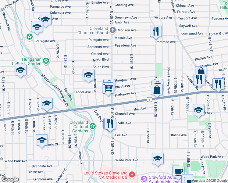 map of restaurants, bars, coffee shops, grocery stores, and more near 1239 East 105th Street in Cleveland