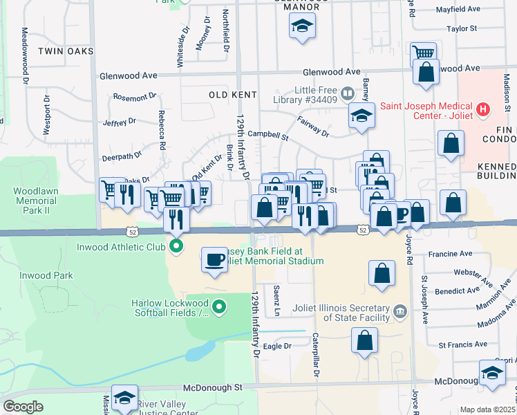 map of restaurants, bars, coffee shops, grocery stores, and more near 15 Fairlane Drive in Joliet