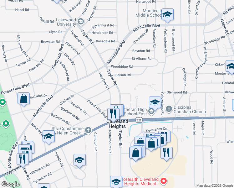 map of restaurants, bars, coffee shops, grocery stores, and more near 2482 North Taylor Road in Cleveland Heights