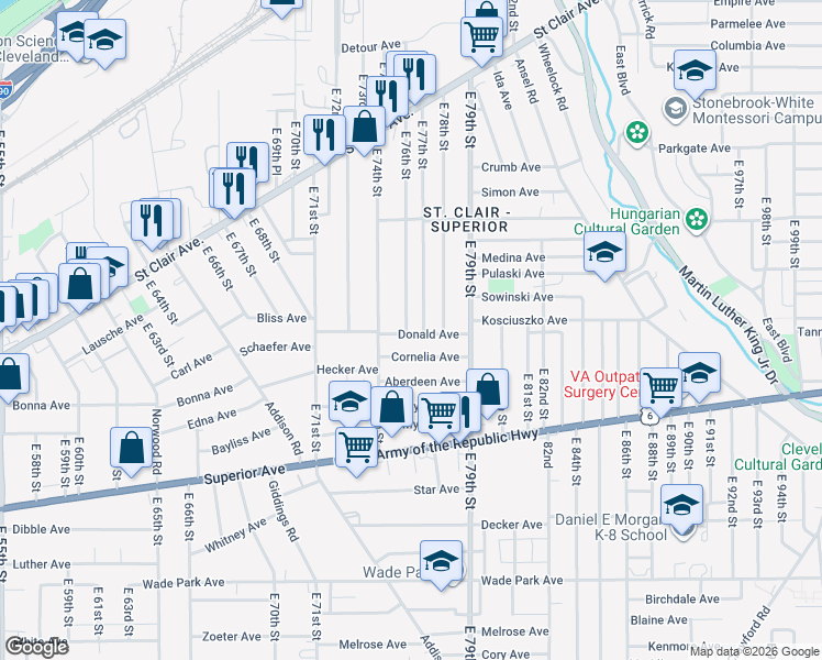 map of restaurants, bars, coffee shops, grocery stores, and more near 1169 East 76th Street in Cleveland