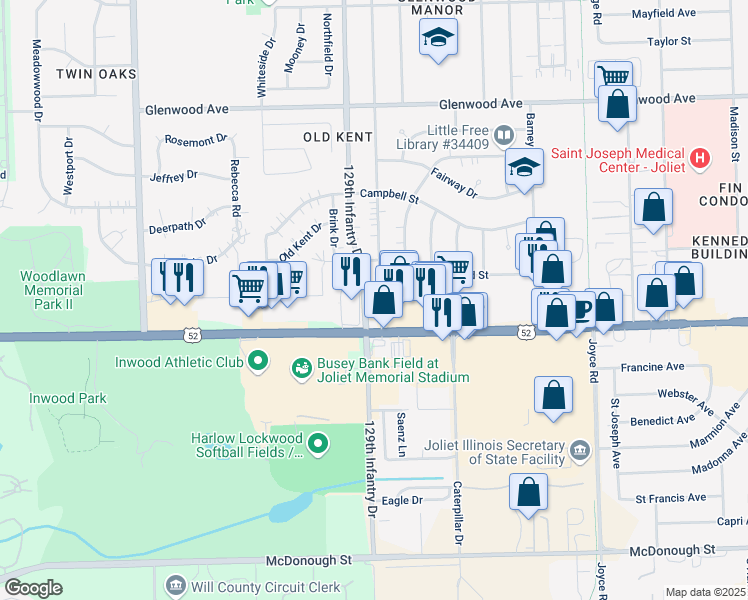map of restaurants, bars, coffee shops, grocery stores, and more near 15 Fairlane Drive in Joliet