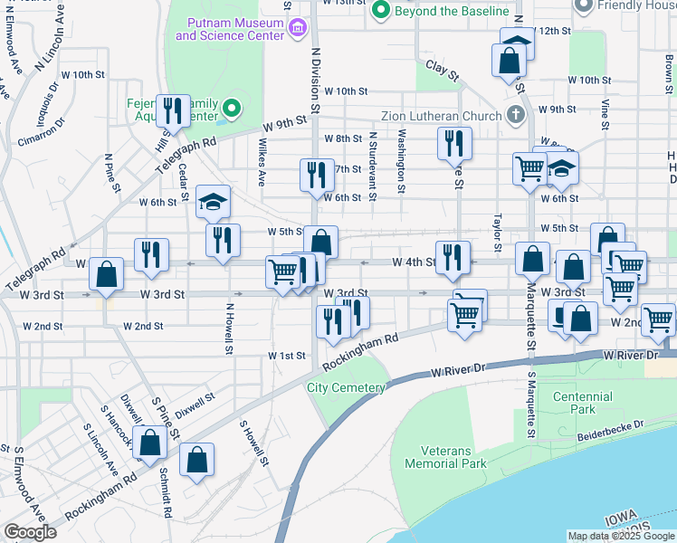 map of restaurants, bars, coffee shops, grocery stores, and more near 1625 West 4th Street in Davenport