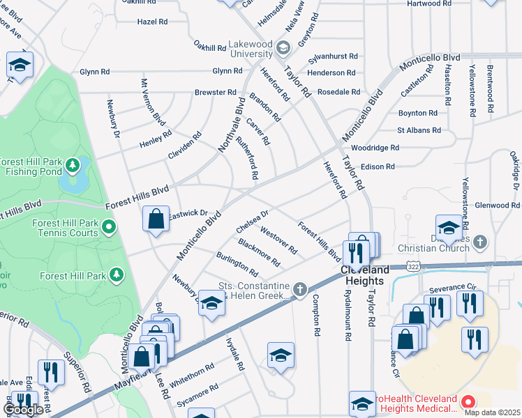 map of restaurants, bars, coffee shops, grocery stores, and more near 3181 Chelsea Drive in Cleveland Heights
