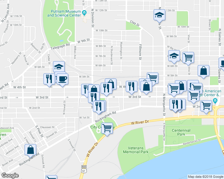 map of restaurants, bars, coffee shops, grocery stores, and more near 1541 West 4th Street in Davenport