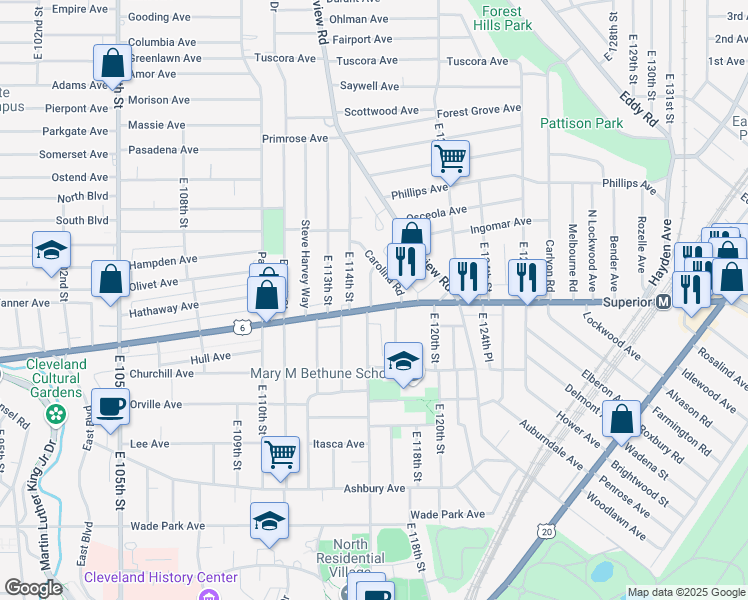 map of restaurants, bars, coffee shops, grocery stores, and more near 11503 Superior Avenue in Cleveland