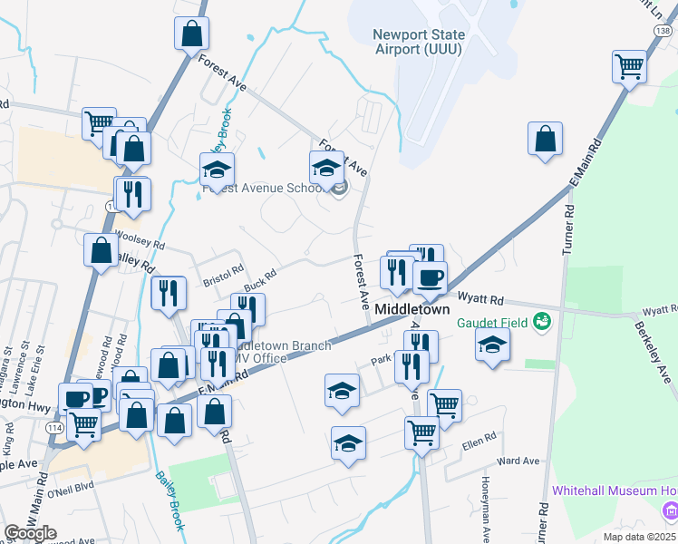 map of restaurants, bars, coffee shops, grocery stores, and more near 417 Forest Avenue in Middletown