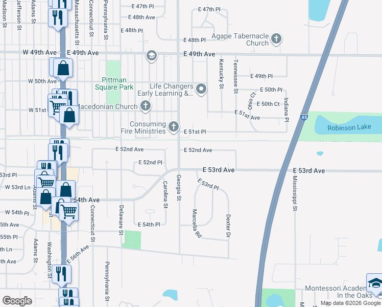 map of restaurants, bars, coffee shops, grocery stores, and more near 837 East 52nd Avenue in Merrillville