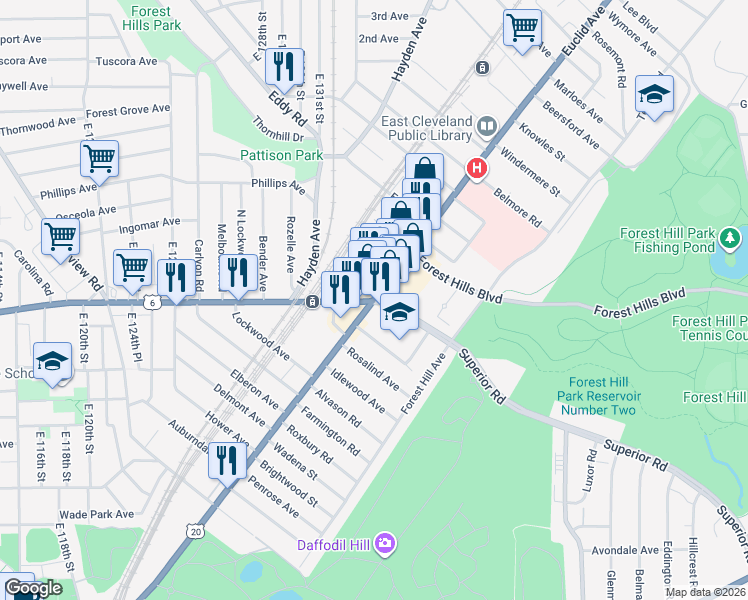 map of restaurants, bars, coffee shops, grocery stores, and more near Euclid Ave & Superior Rd in East Cleveland