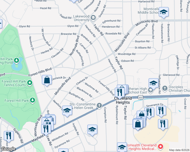 map of restaurants, bars, coffee shops, grocery stores, and more near 1345 Forest Hills Boulevard in Cleveland Heights