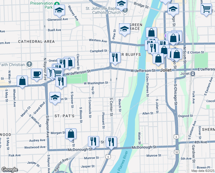 map of restaurants, bars, coffee shops, grocery stores, and more near 5 South Center Street in Joliet