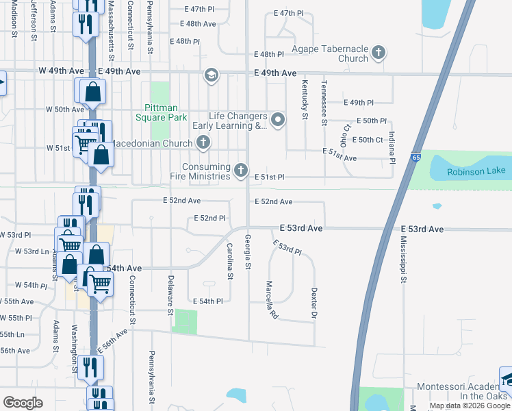 map of restaurants, bars, coffee shops, grocery stores, and more near 837 East 52nd Avenue in Merrillville