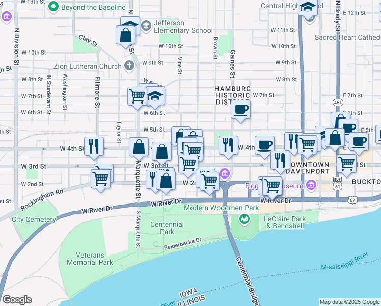 map of restaurants, bars, coffee shops, grocery stores, and more near 909 West 4th Street in Davenport