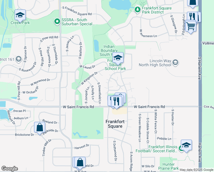 map of restaurants, bars, coffee shops, grocery stores, and more near 7744 West Douglas Court in Frankfort