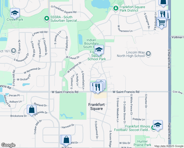 map of restaurants, bars, coffee shops, grocery stores, and more near 7744 W Douglas Ct in Frankfort