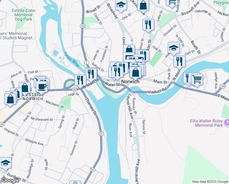 map of restaurants, bars, coffee shops, grocery stores, and more near 100 Chelsea Harbor Drive in Norwich