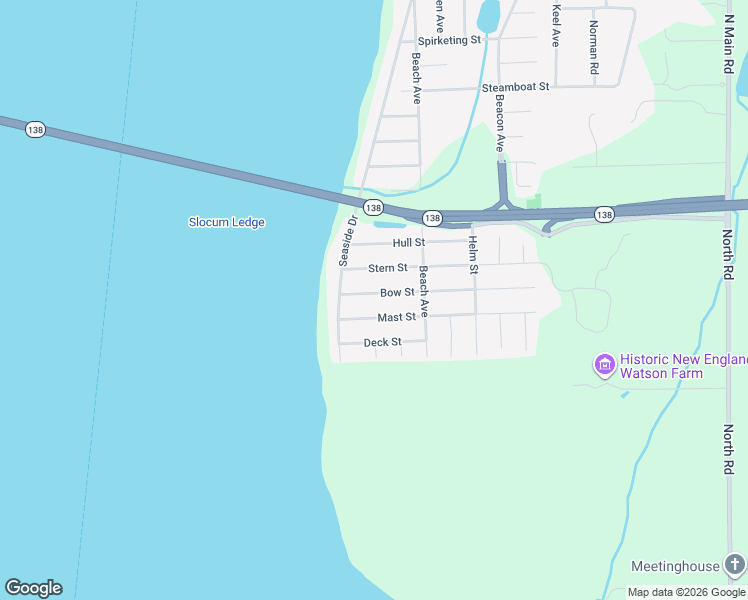 map of restaurants, bars, coffee shops, grocery stores, and more near 97 Bow Street in Jamestown