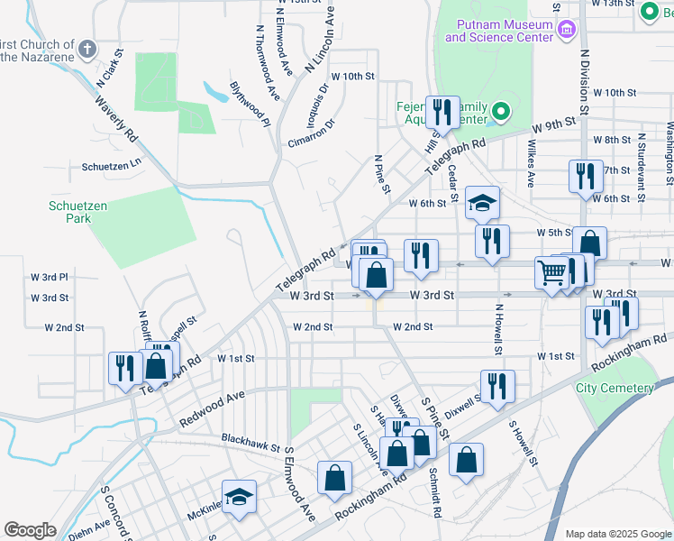 map of restaurants, bars, coffee shops, grocery stores, and more near 5 Thode Court in Davenport