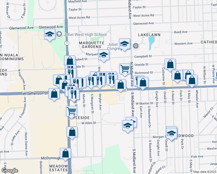 map of restaurants, bars, coffee shops, grocery stores, and more near 1511 West Jefferson Street in Joliet